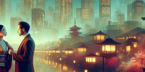 Intimate scene of two elegantly dressed characters in a softly lit Tokyo cityscape, embodying romance and passion.