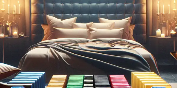 A modern, stylish display of popular condom brands in a luxurious, intimate setting emphasizing safety and pleasure.