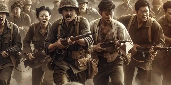 A heroic battle scene with 1950s soldiers charging through a chaotic, smoke-filled battlefield during the Chinese Liberation War.