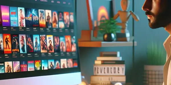 A modern home office scene featuring a person managing a digital library of adult videos on a sleek computer.