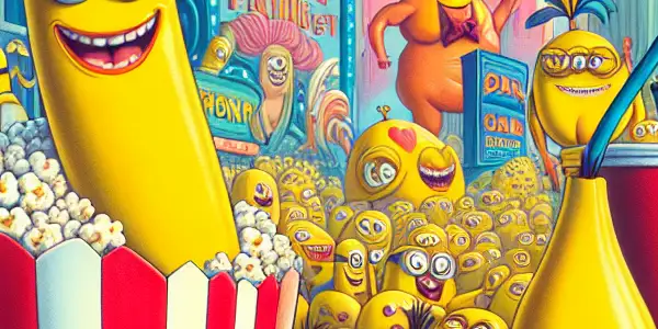 Cartoonish yellow minions in a vibrant cityscape, playfully engaging with humorous adult-themed props and antics.