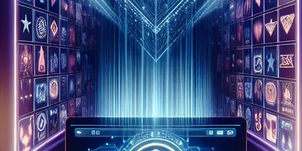 A modern office with a glowing computer screen displaying a movie download interface and hints of digital privacy.