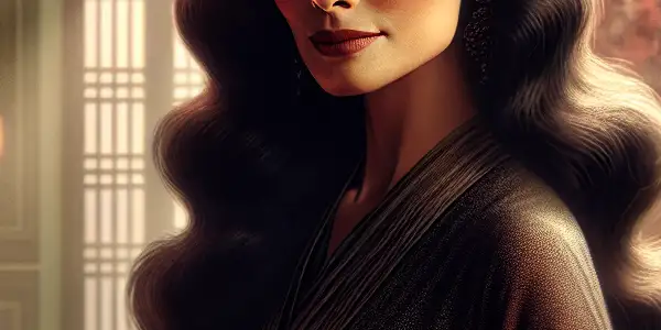 A confident actress in an elegant room, embodying sensuality amidst classic Japanese decor.