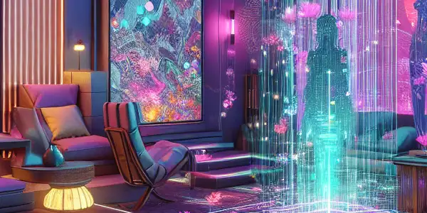 A futuristic virtual reality lounge featuring a VR headset, holographic displays, and diverse individuals enjoying immersive experiences.