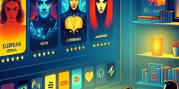 A modern digital interface for an adult film streaming platform in a cozy, dimly-lit room.<a href=