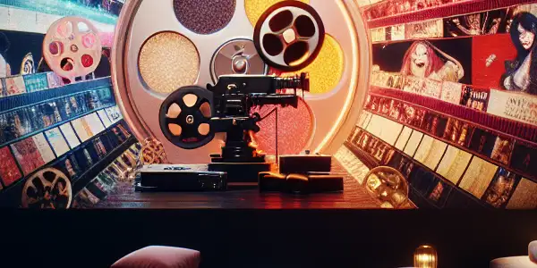 Cozy home theater showcasing a large screen with abstract film representations, inviting exploration of adult cinema.