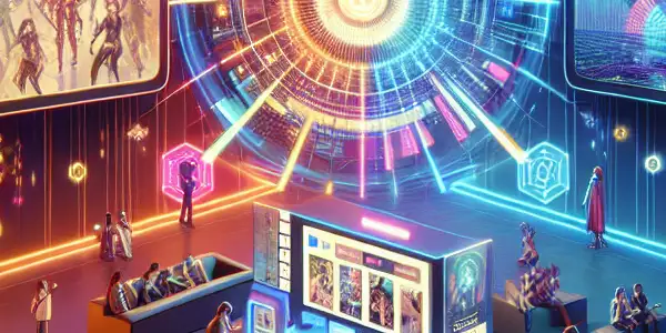 A vibrant digital cinema scene featuring diverse characters exploring an adult film platform with neon lights and holographic screens.