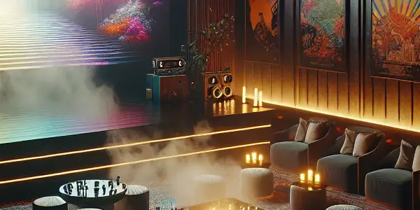 A luxurious private cinema room showcasing abstract visuals and film posters, evoking allure and intimacy in Japanese adult films.