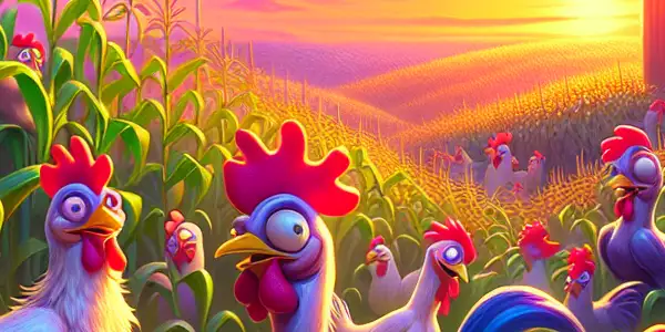Anthropomorphic chickens in exaggerated poses explore a whimsical cartoon farm at sunset, embodying playful adventure and cheeky mischief.