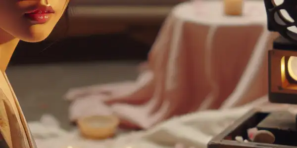 A young woman in a pastel kimono explores a softly lit room adorned with cherry blossoms and a film projector.