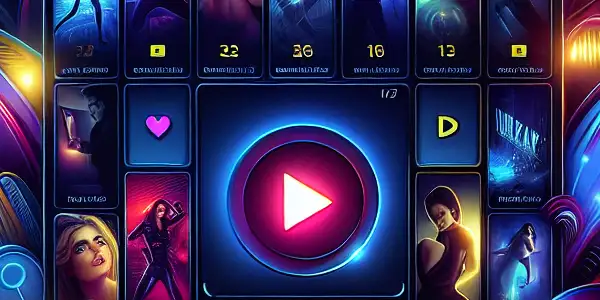 A sleek digital interface showcasing vibrant thumbnails of adult films in a modern, high-tech setting.