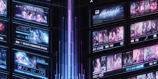 A modern digital storefront featuring neon accents, showcasing HD adult videos and Japanese AV movies on vibrant screens.