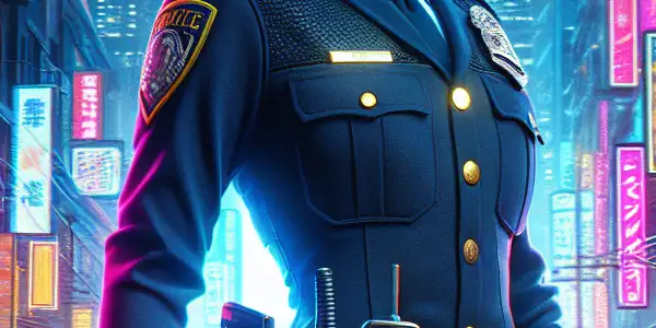 A confident female police officer in a modern uniform stands in a vibrant urban setting, radiating determination and charisma.