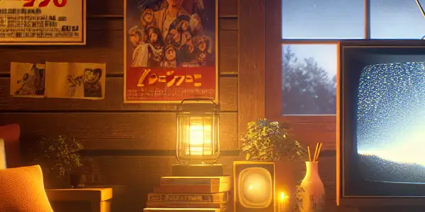 A cozy, dimly lit room featuring vintage posters, a retro TV, and a starry night, evoking 1990s nostalgia.