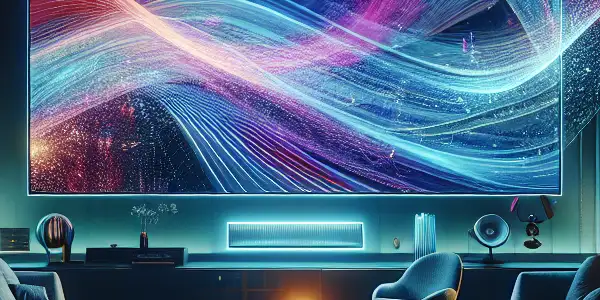 A futuristic living room with a large screen displaying colorful waves, suggesting seamless adult entertainment viewing.