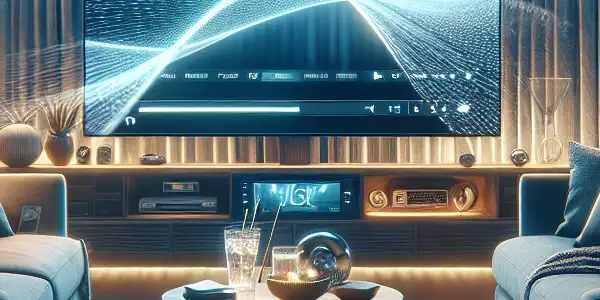 A cozy living room with a large TV displaying adult content, featuring a sofa, laptop, and warm lighting.<a href=