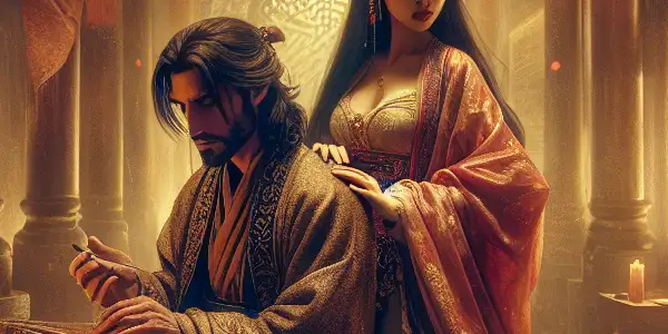 A romantic scene featuring a male scholar and an elegant woman in a softly lit, ancient Chinese setting.