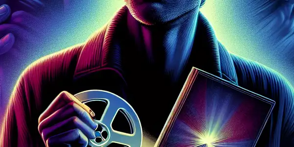 A bewildered man holds a suggestive DVD in a shadowy urban setting, illuminated by neon lights.