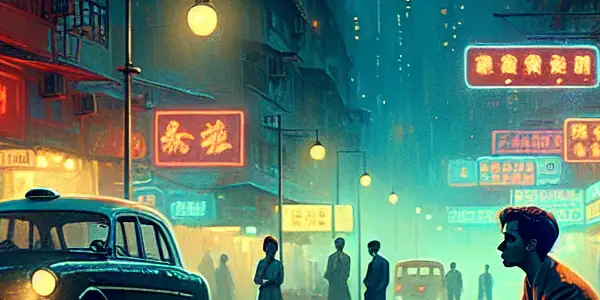A moody Hong Kong street at night, featuring a brooding young man in 1960s attire amidst neon lights and shadowy figures.