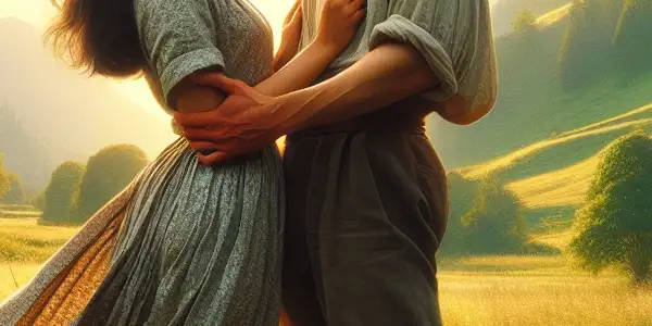 A romantic embrace between two figures in a sunlit, lush rural landscape filled with wildflowers and distant mountains.