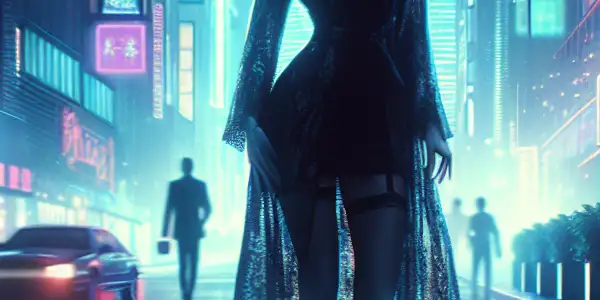 A confident woman in a stylish urban night setting, illuminated by neon lights, exudes sensuality and intrigue.