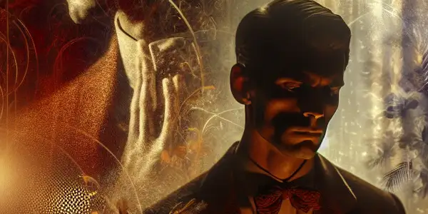 A dimly lit room featuring an intense actor, evoking desire and emotion with symbolic elements and warm lighting.