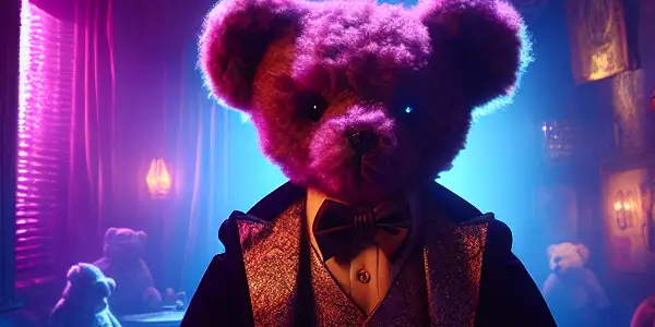 A surreal brothel scene featuring an anthropomorphic toy bear in a seductive outfit, surrounded by eerie neon lights.