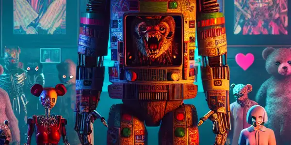 A dimly lit arcade featuring a menacing animatronic bear and alluring, playful figures in provocative costumes.