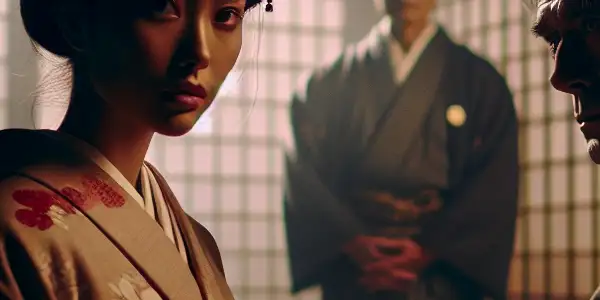 A young woman in a kimono and an older man share a tense, intimate moment in a traditional Japanese home.