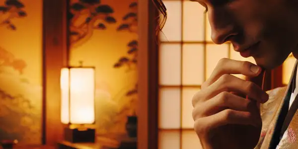 An intimate moment between a young mother in a traditional kimono and a family member in a cozy, dimly lit room.