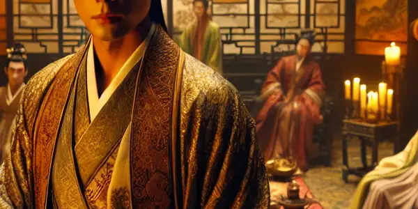 A lavish Ming Dynasty room with a seductive central character and alluring figures, embodying desire and intrigue.