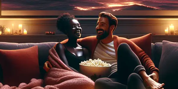 A cozy living room scene with a couple sharing popcorn while watching classic romance films under soft lighting.